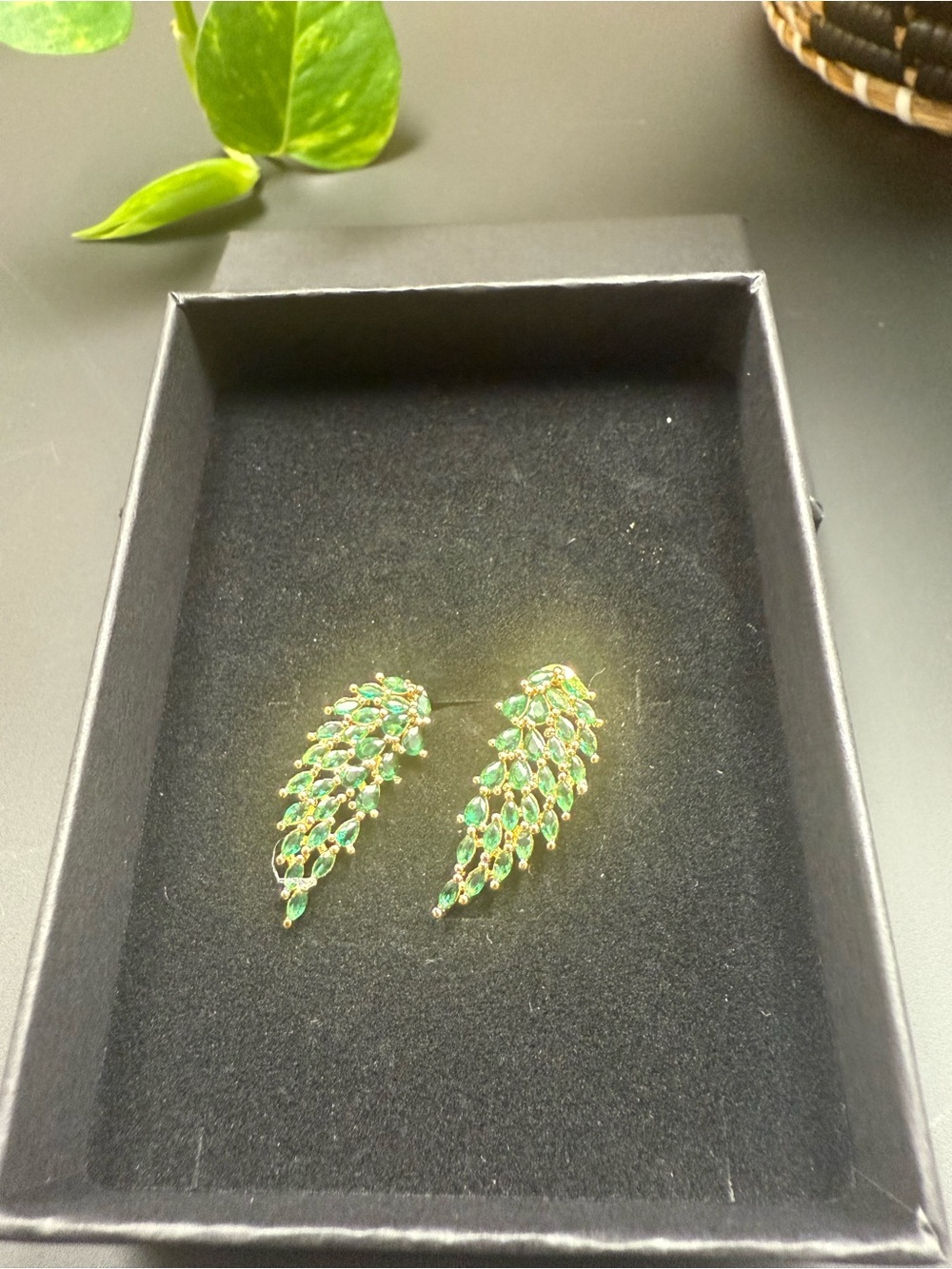 Unk Gold-Tone Emerald Green Marquise Wing Earrings